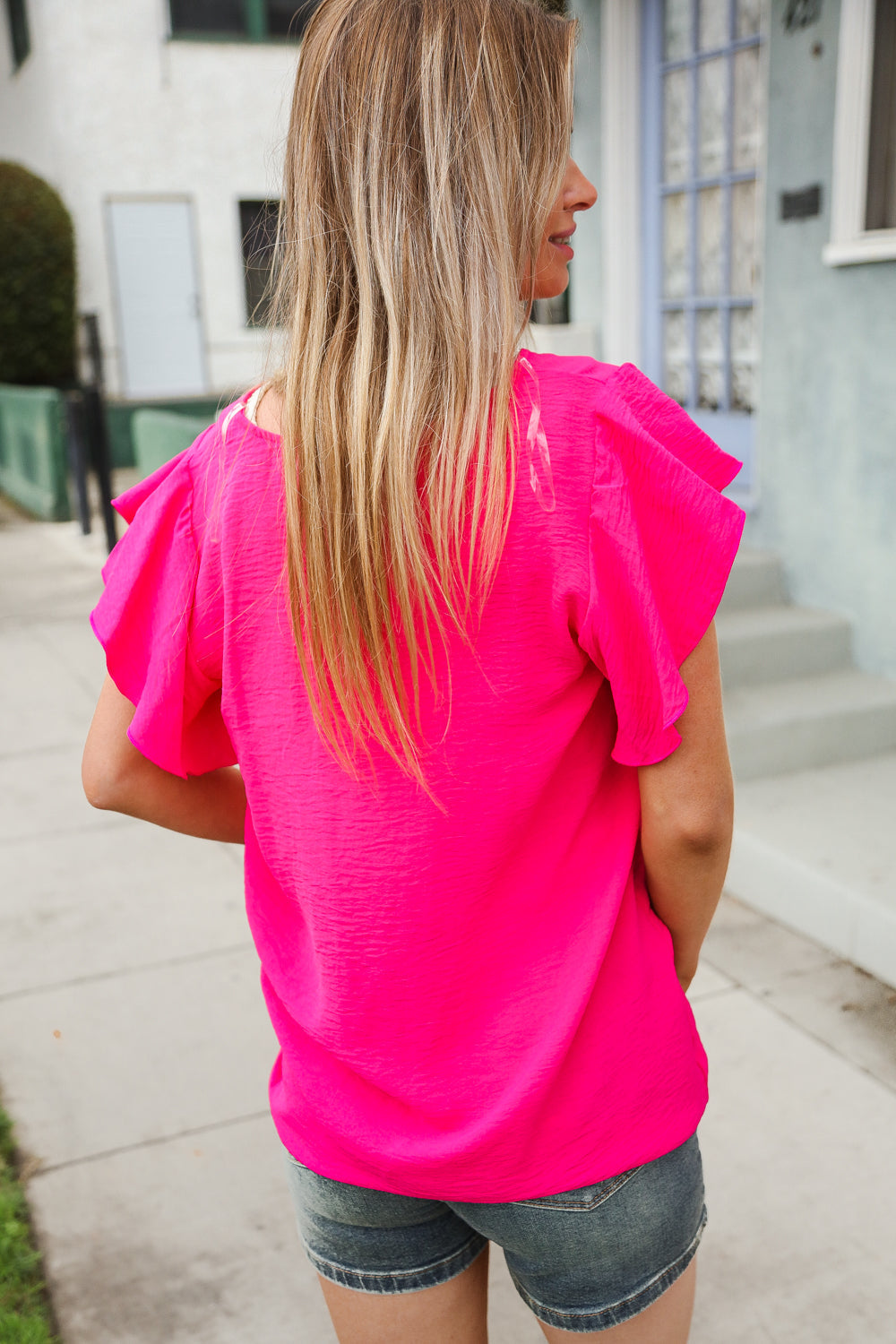 You Got This Solid Fuchsia Textured Flutter Sleeve Blouse First Love