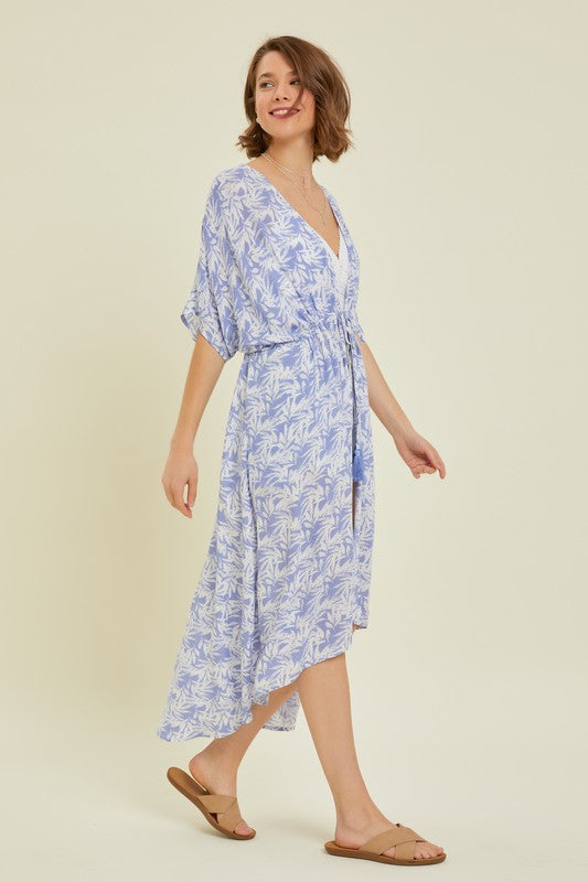 Tropical Print Gauze Kimono with Elastic Waist Tie in Periwinkle Ave Shops