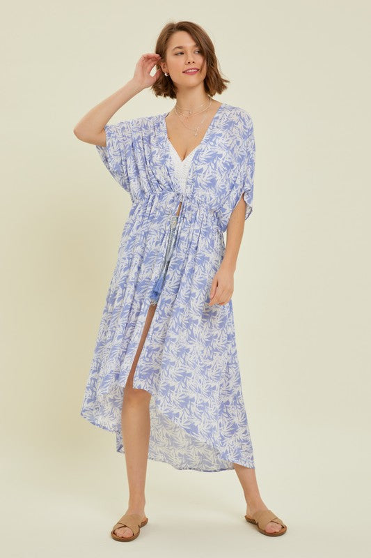 Tropical Print Gauze Kimono with Elastic Waist Tie in Periwinkle Ave Shops