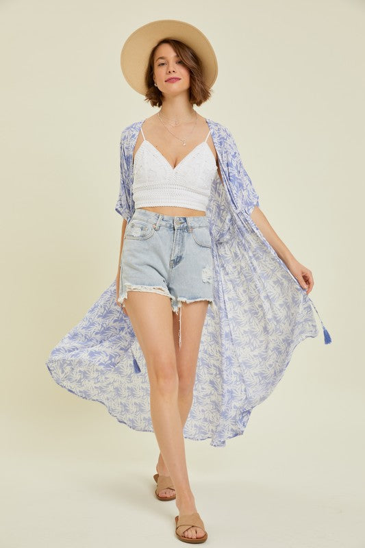 Tropical Print Gauze Kimono with Elastic Waist Tie in Periwinkle Ave Shops