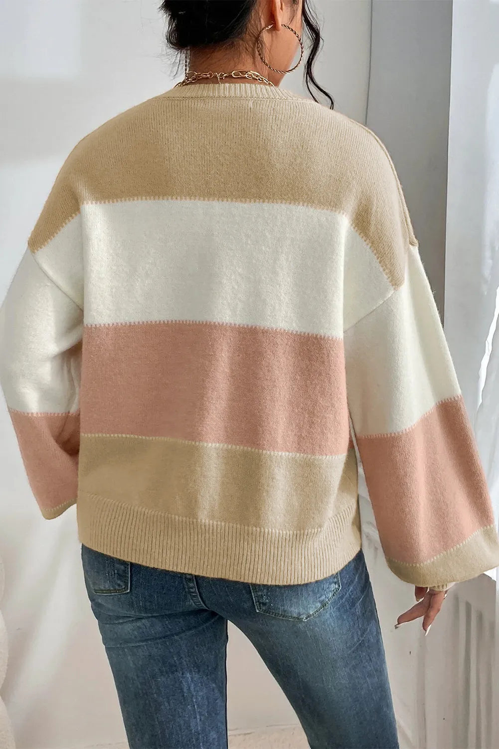 Color Block Round Neck Lantern Sleeve Sweater Trendsi