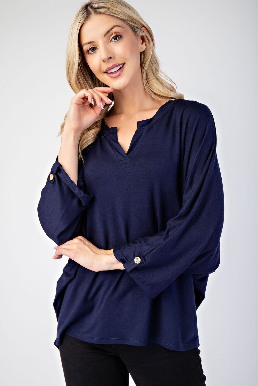Celeste Full Size Notched Three-Quarter Sleeve Blouse Trendsi