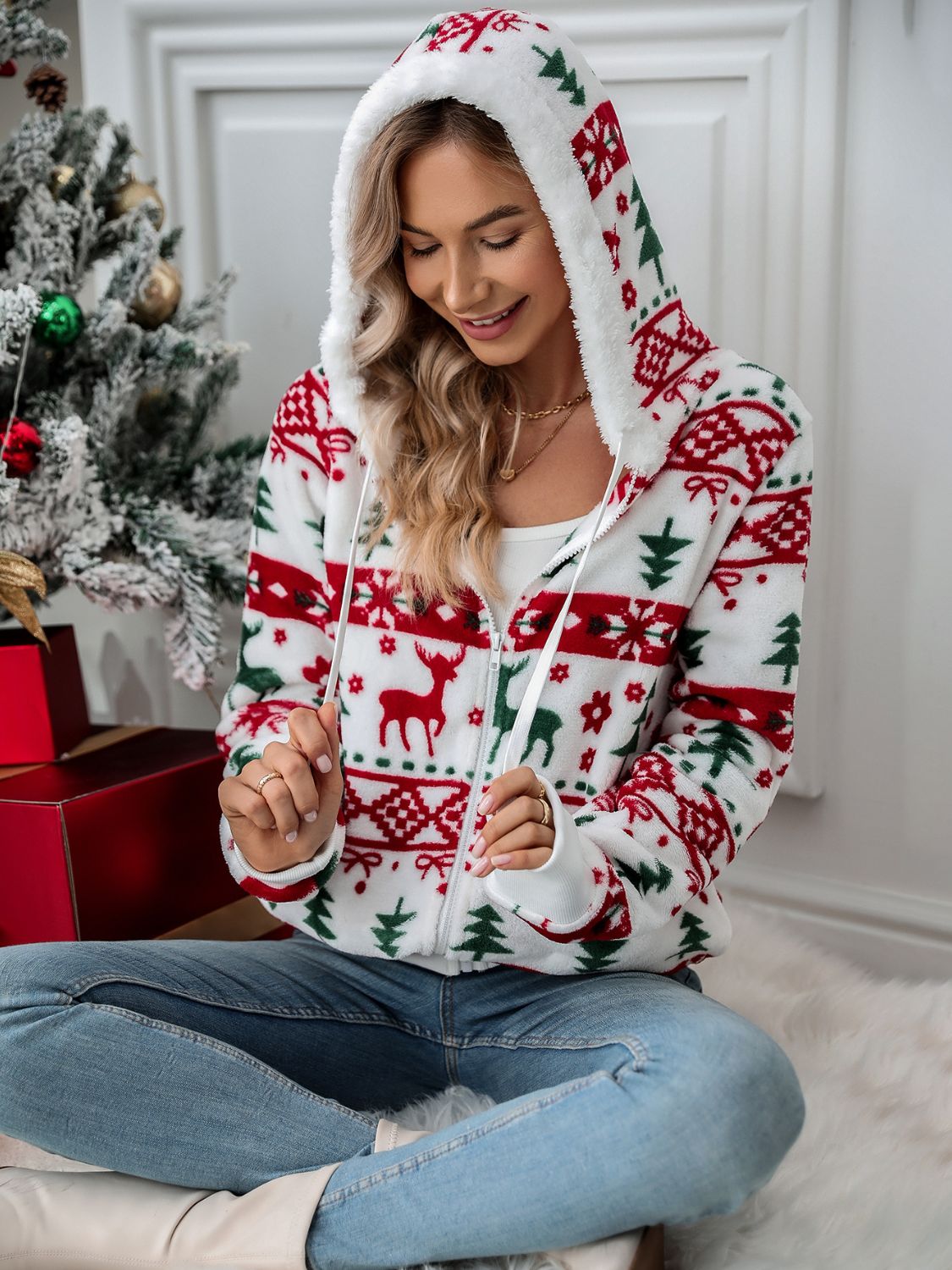 Drawstring Christmas Element Zip Up Hooded Jacket Trendsi