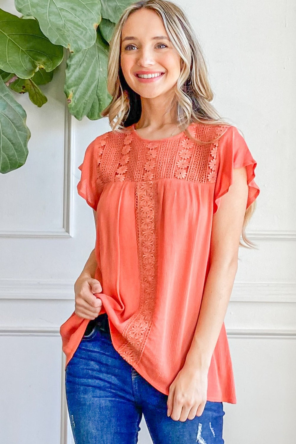 And The Why Lace Detail Ruffle Short Sleeve Blouse Trendsi