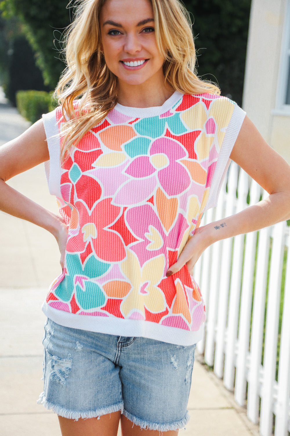 Beautiful You Coral Multicolor Floral Rib Dolman Sleeve Top Haptics
