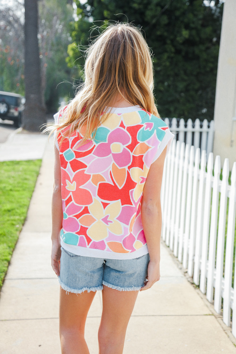 Beautiful You Coral Multicolor Floral Rib Dolman Sleeve Top Haptics