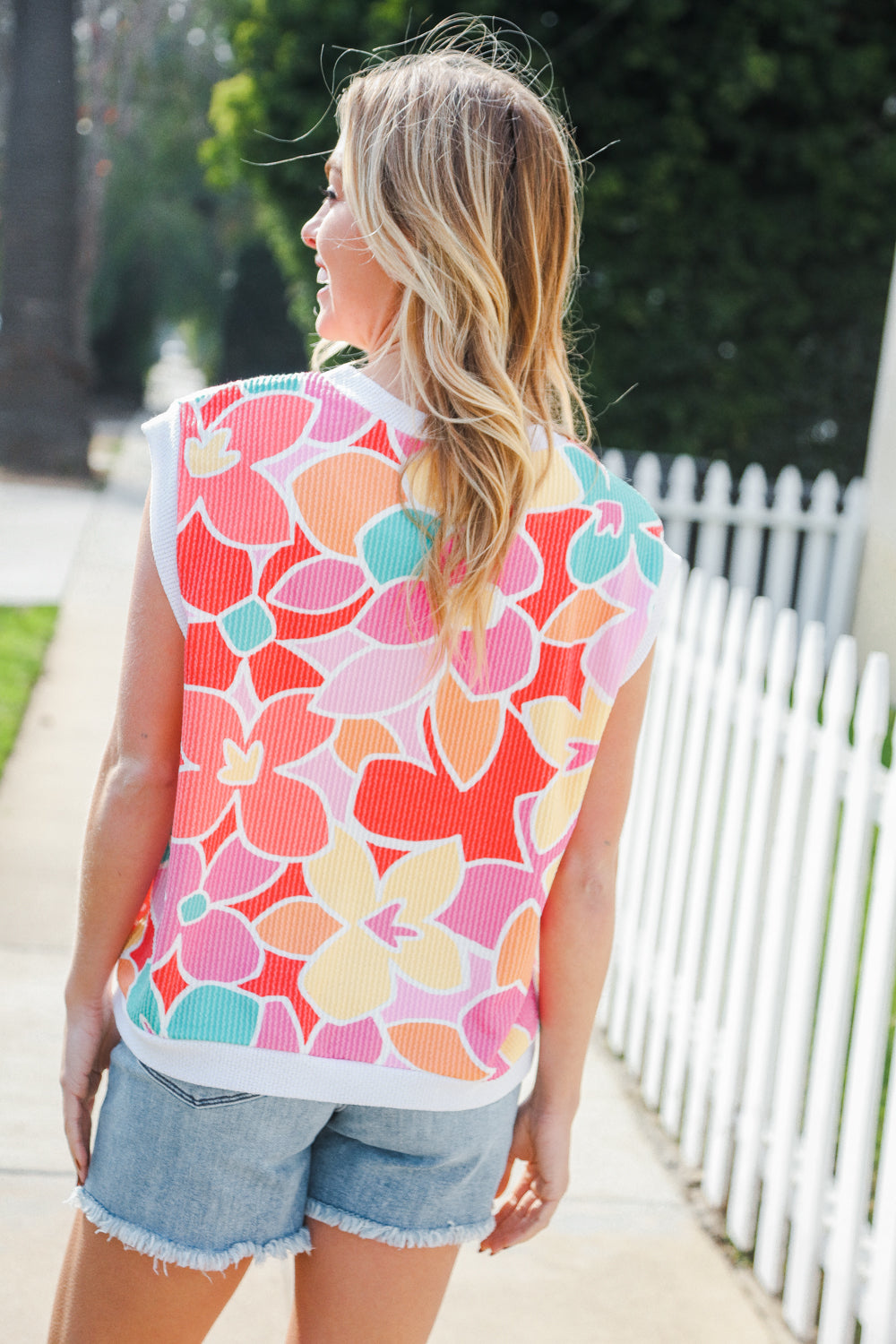 Beautiful You Coral Multicolor Floral Rib Dolman Sleeve Top Haptics
