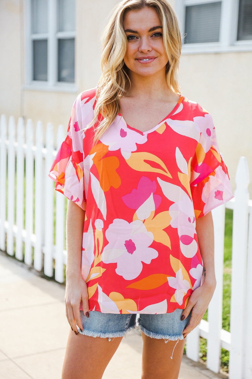 Haptics Tropical Vibes Peach Floral Dolman Ruffle Frill Sleeve Blouse