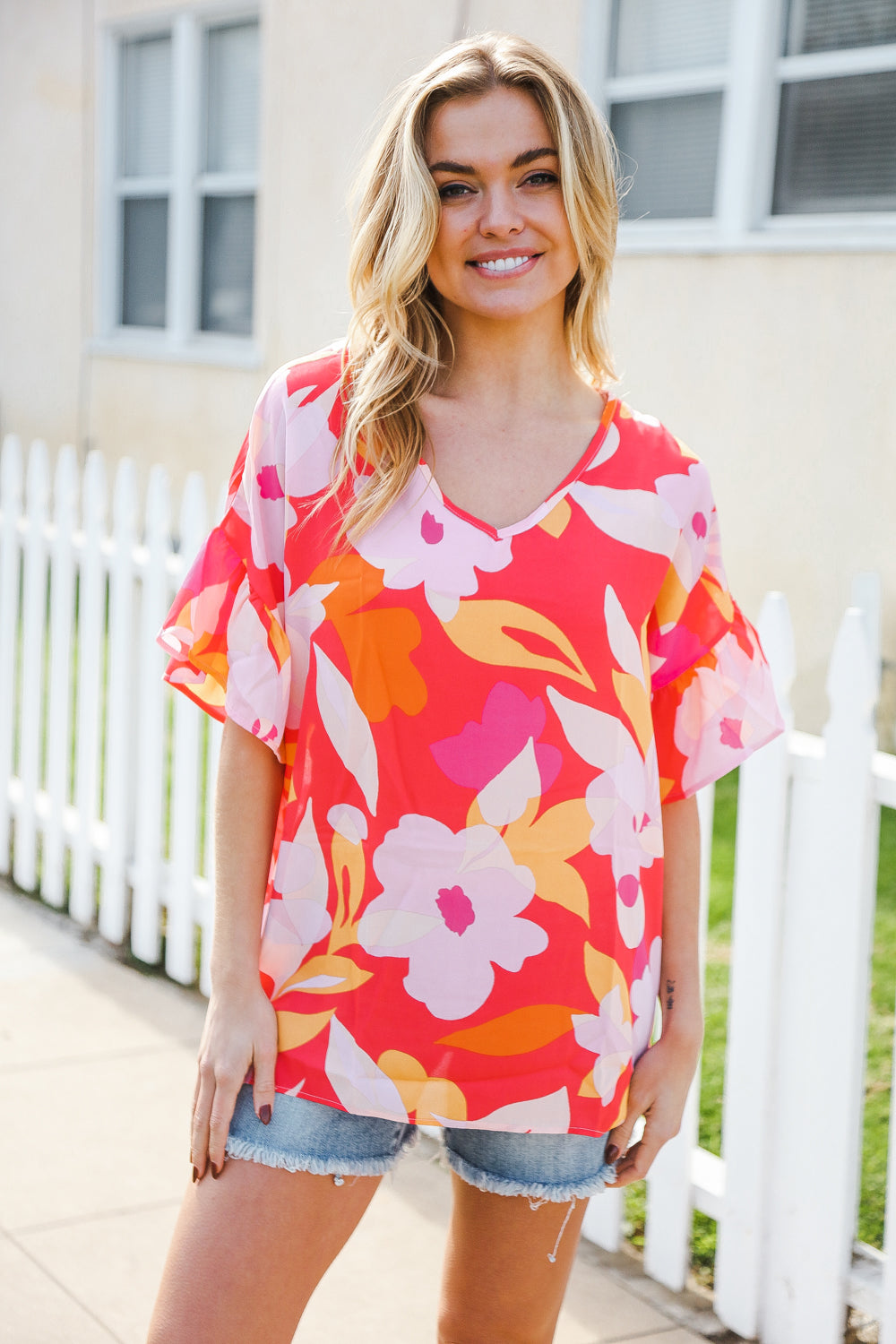 Haptics Tropical Vibes Peach Floral Dolman Ruffle Frill Sleeve Blouse