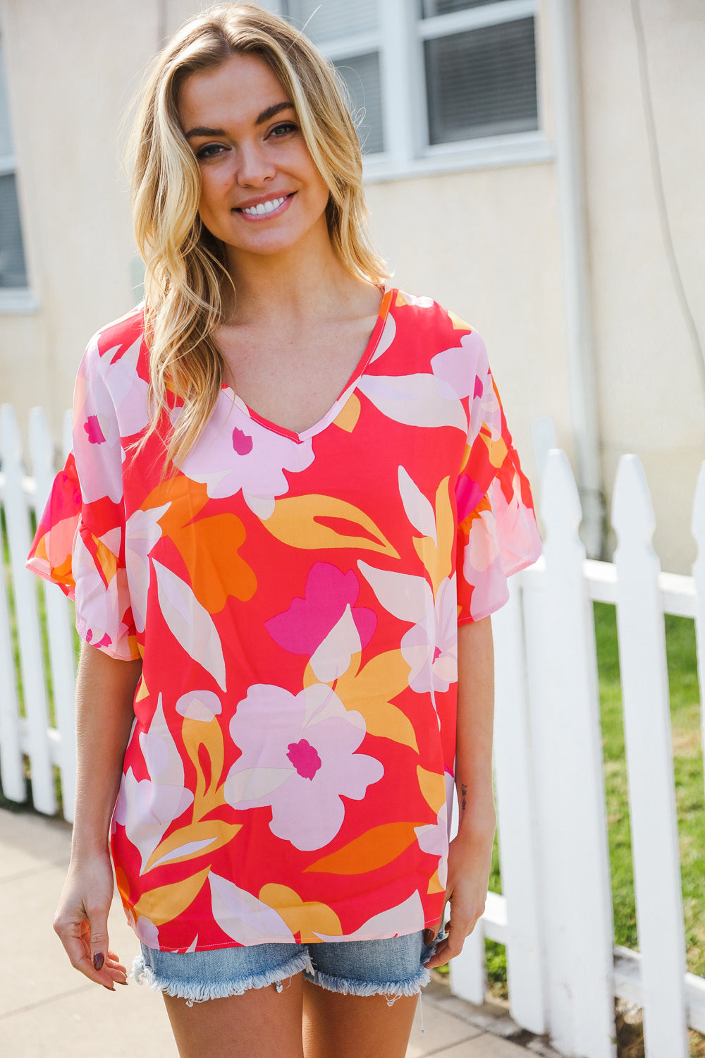 Haptics Tropical Vibes Peach Floral Dolman Ruffle Frill Sleeve Blouse