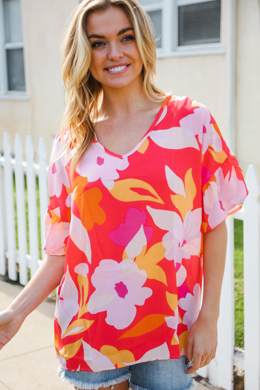 Haptics Tropical Vibes Peach Floral Dolman Ruffle Frill Sleeve Blouse