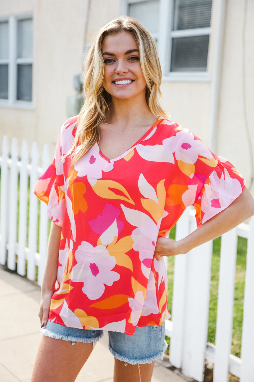 Haptics Tropical Vibes Peach Floral Dolman Ruffle Frill Sleeve Blouse