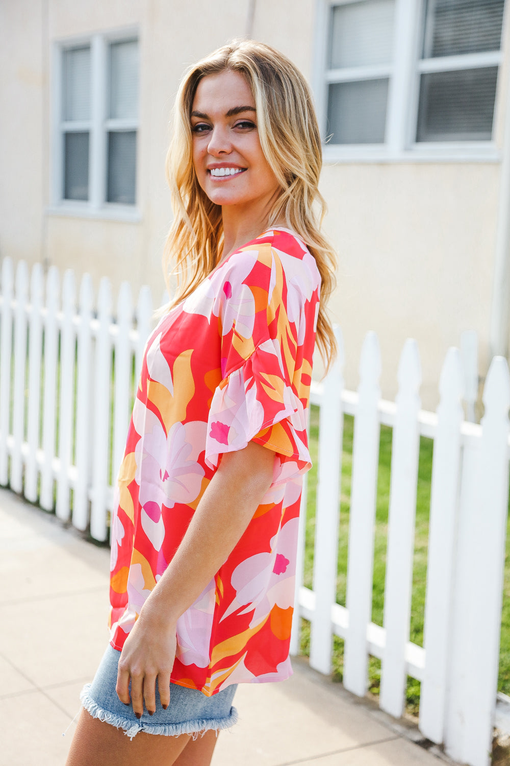 Haptics Tropical Vibes Peach Floral Dolman Ruffle Frill Sleeve Blouse