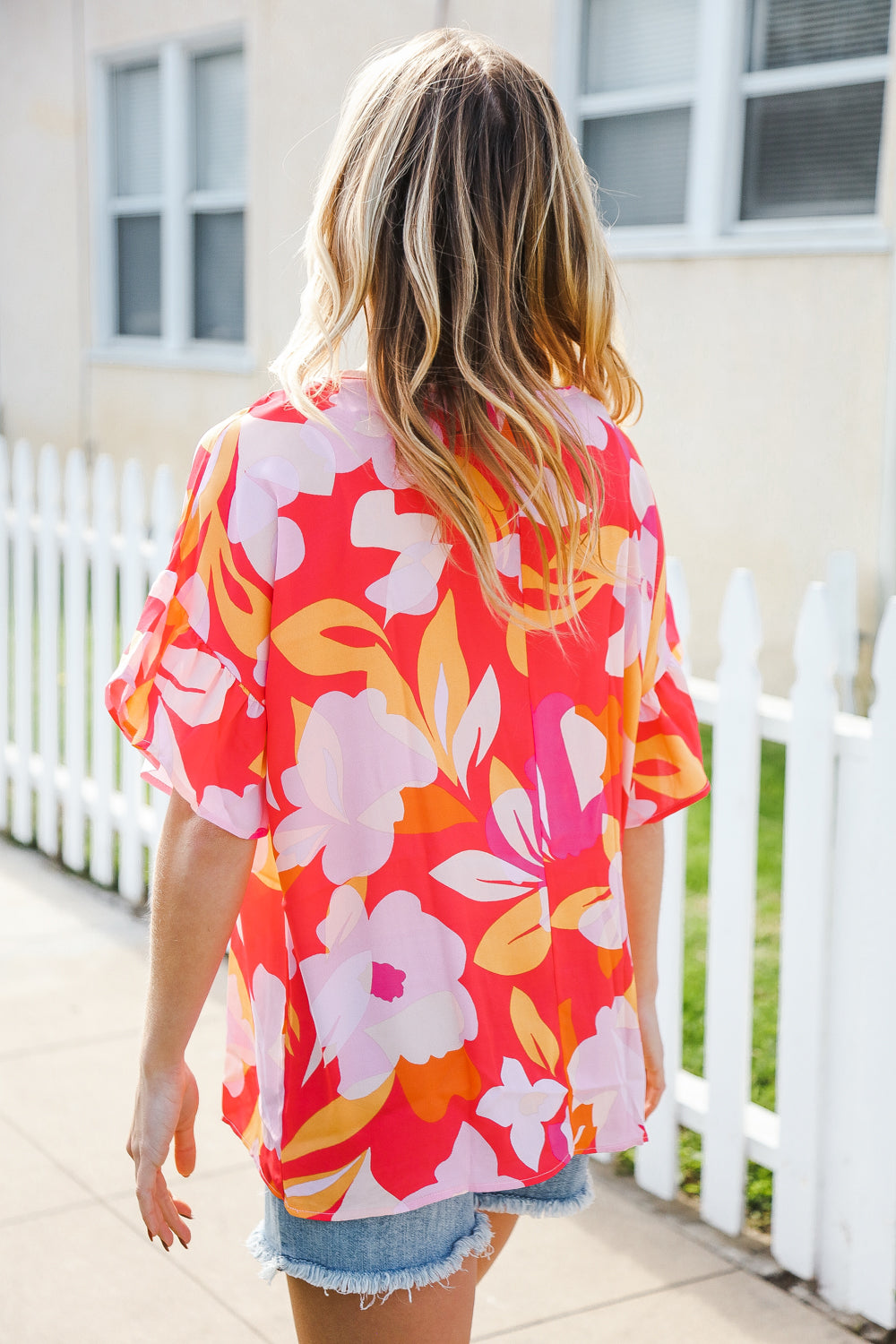 Haptics Tropical Vibes Peach Floral Dolman Ruffle Frill Sleeve Blouse