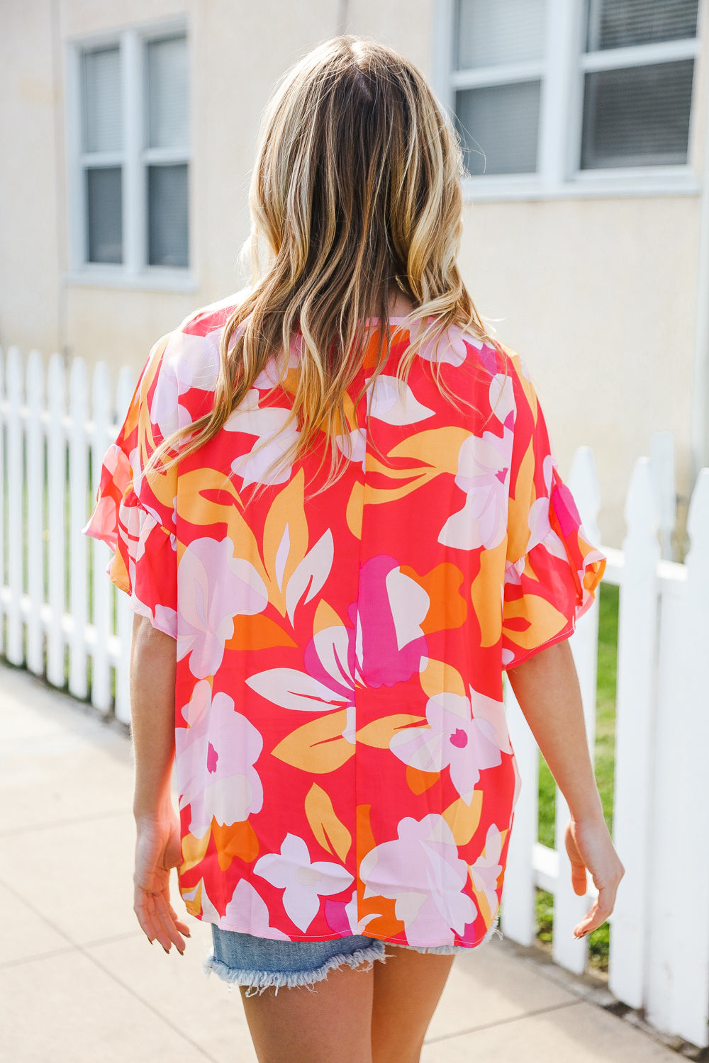 Haptics Tropical Vibes Peach Floral Dolman Ruffle Frill Sleeve Blouse