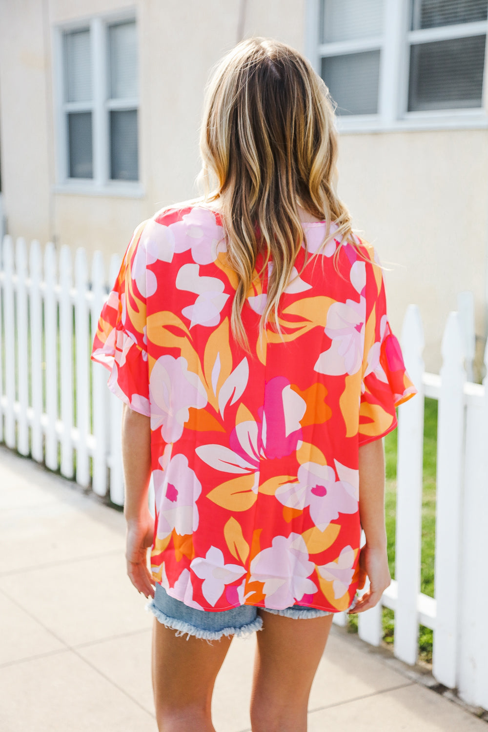Haptics Tropical Vibes Peach Floral Dolman Ruffle Frill Sleeve Blouse