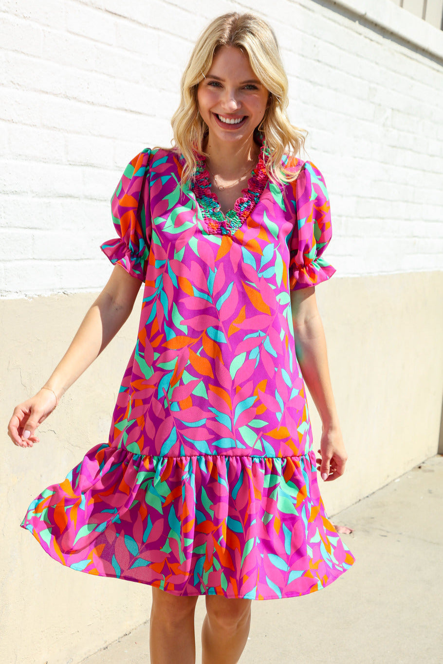 Fuchsia Tropical Leaf Woven Ruffle Hem Pocketed Dress Haptics