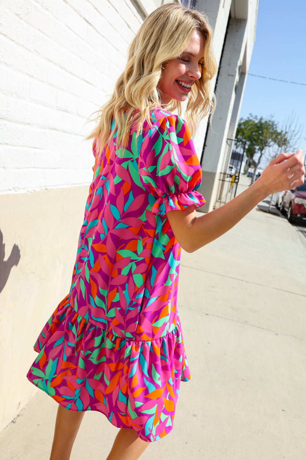 Fuchsia Tropical Leaf Woven Ruffle Hem Pocketed Dress Haptics
