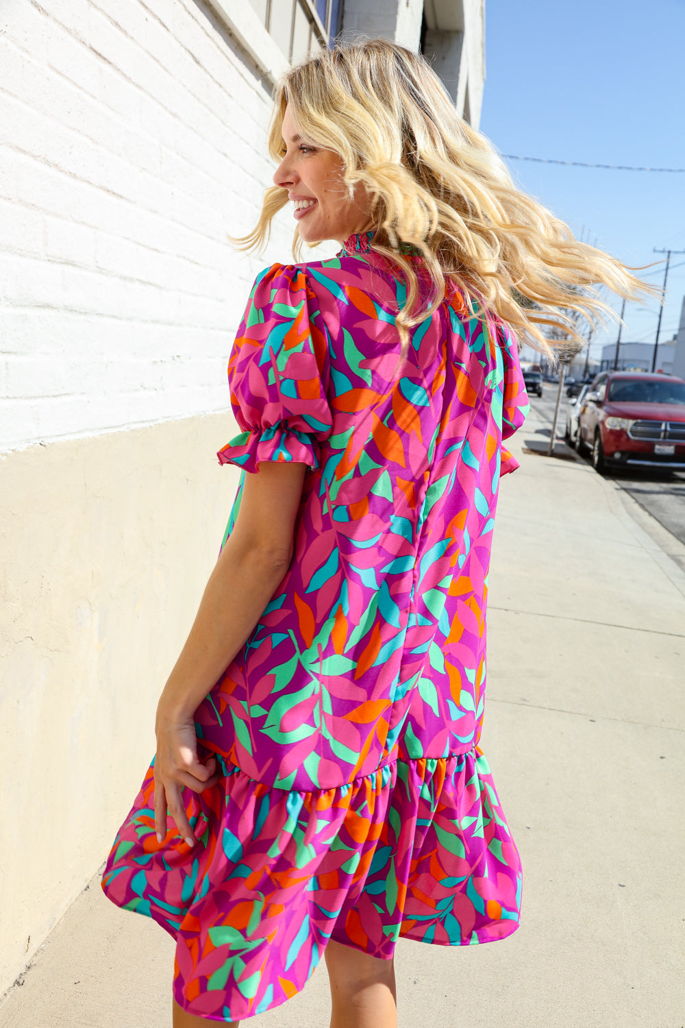 Fuchsia Tropical Leaf Woven Ruffle Hem Pocketed Dress Haptics