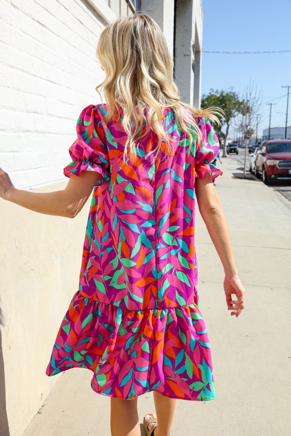 Fuchsia Tropical Leaf Woven Ruffle Hem Pocketed Dress Haptics