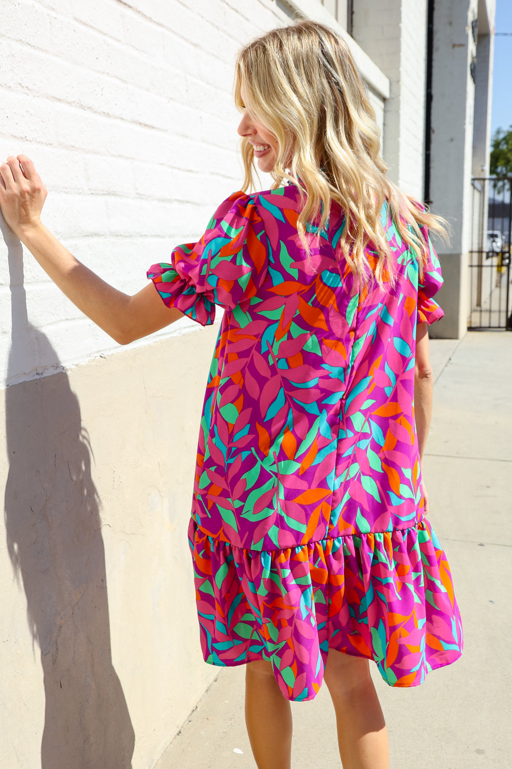 Fuchsia Tropical Leaf Woven Ruffle Hem Pocketed Dress Haptics