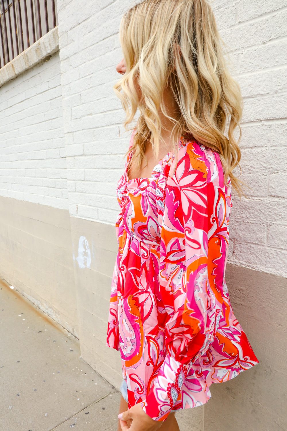 All For You Red Silky Floral Print Sweetheart Neck Long Sleeve Blouse First Love