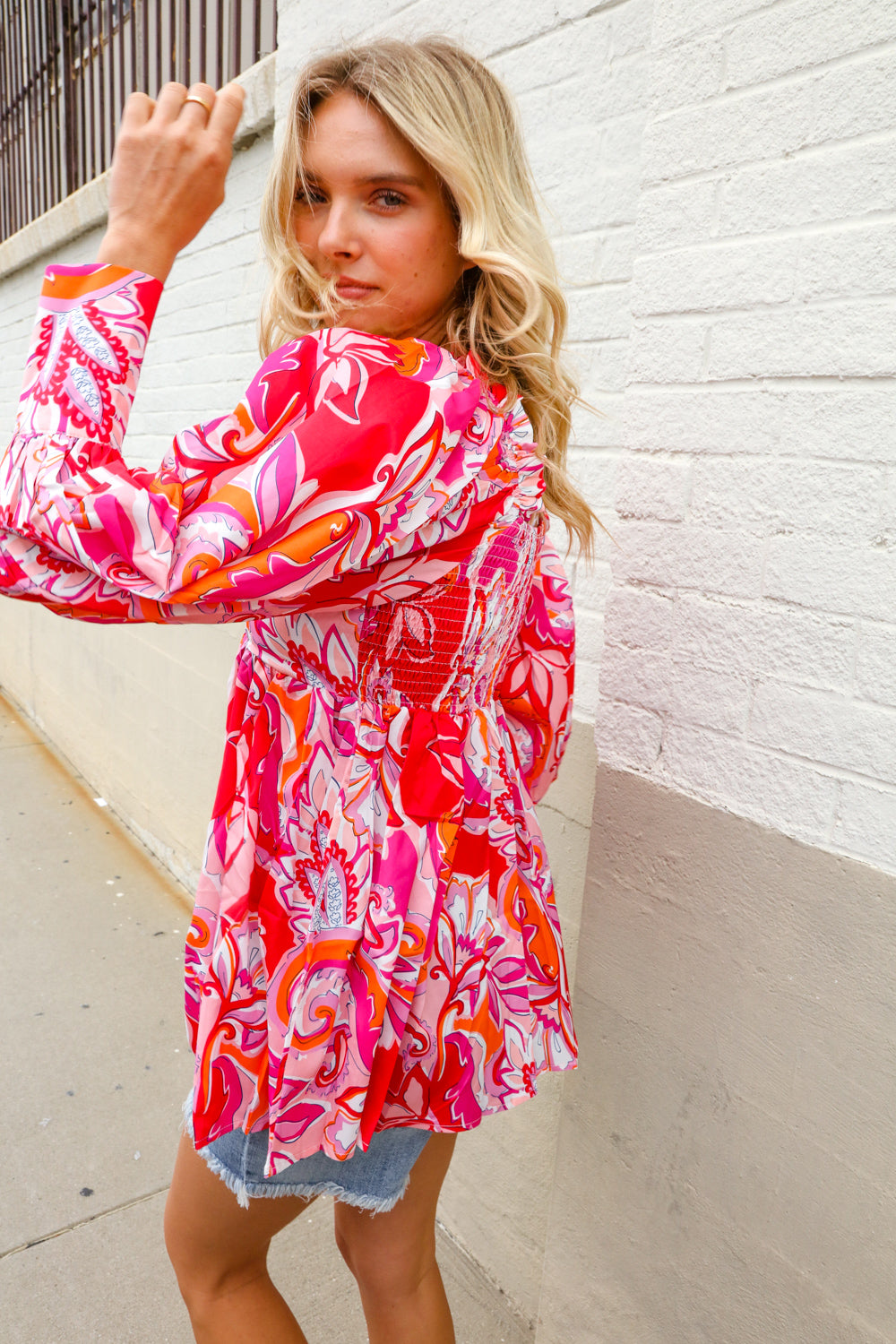 All For You Red Silky Floral Print Sweetheart Neck Long Sleeve Blouse First Love