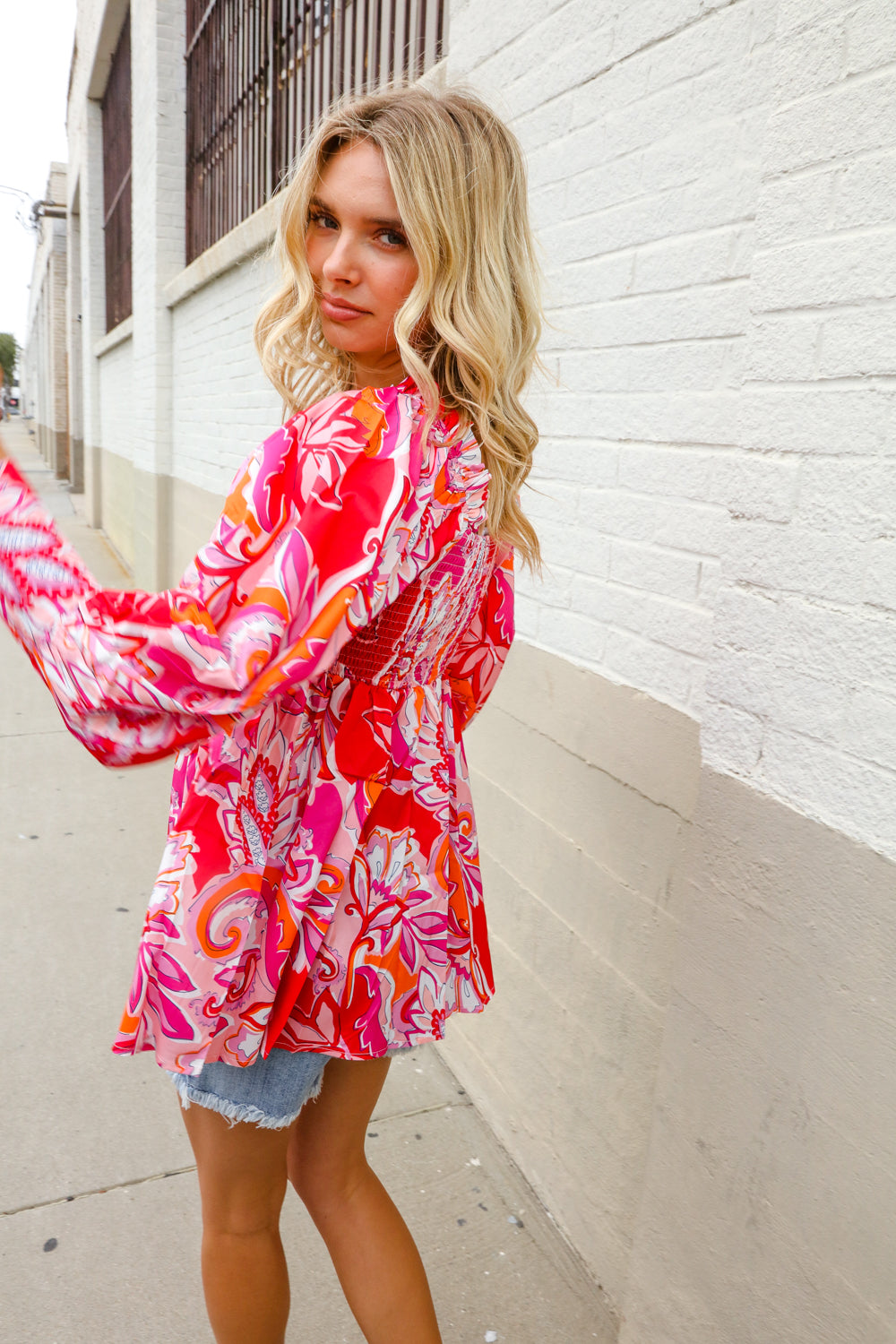 All For You Red Silky Floral Print Sweetheart Neck Long Sleeve Blouse First Love