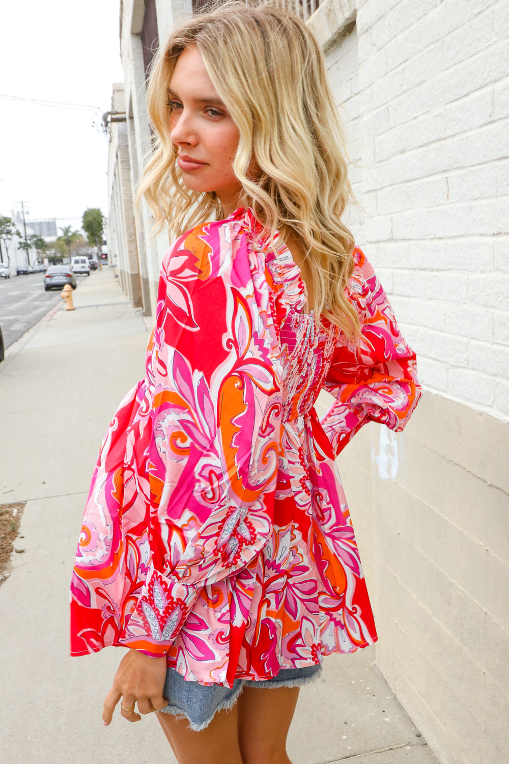 All For You Red Silky Floral Print Sweetheart Neck Long Sleeve Blouse First Love