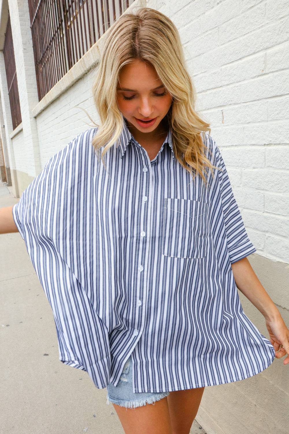 Put Together Blue & White Stripe Button-Down Dolman Sleeve Blouse First Love