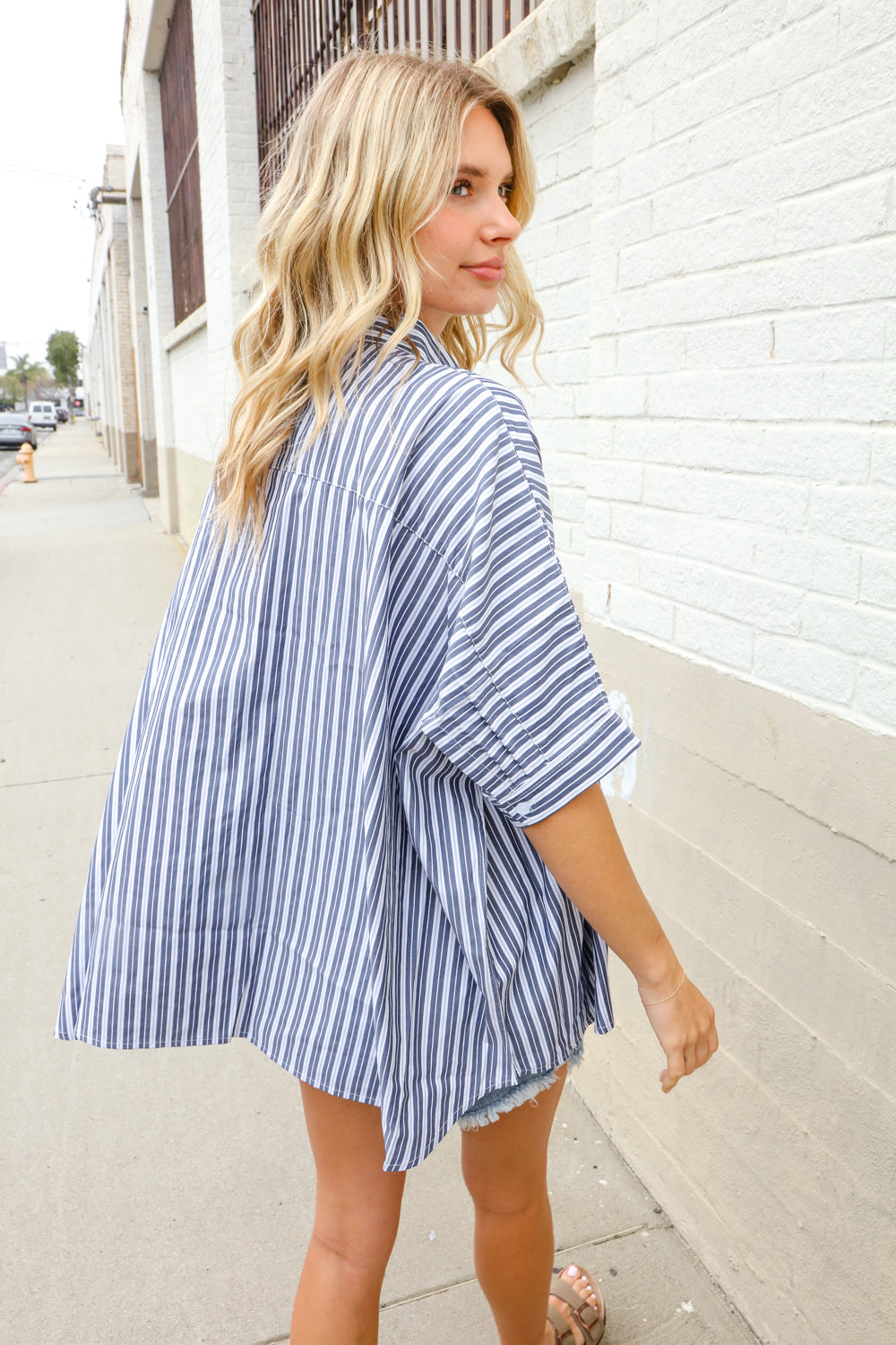 Put Together Blue & White Stripe Button-Down Dolman Sleeve Blouse First Love