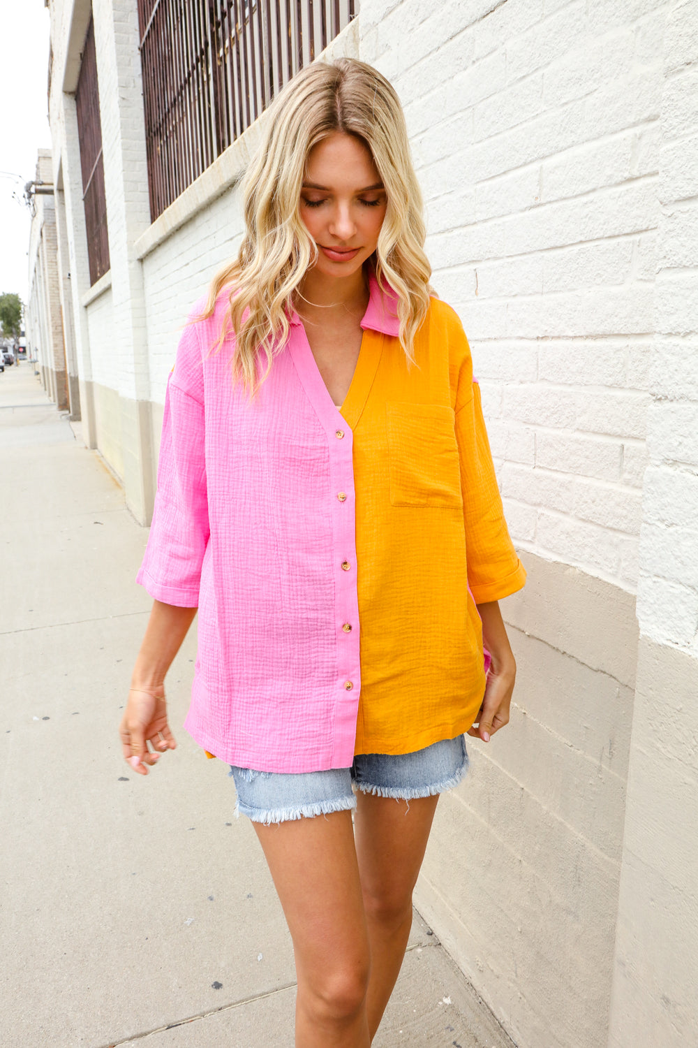 Boldy You Pink & Orange Cotton Color Block Button Down Shirt Top First Love