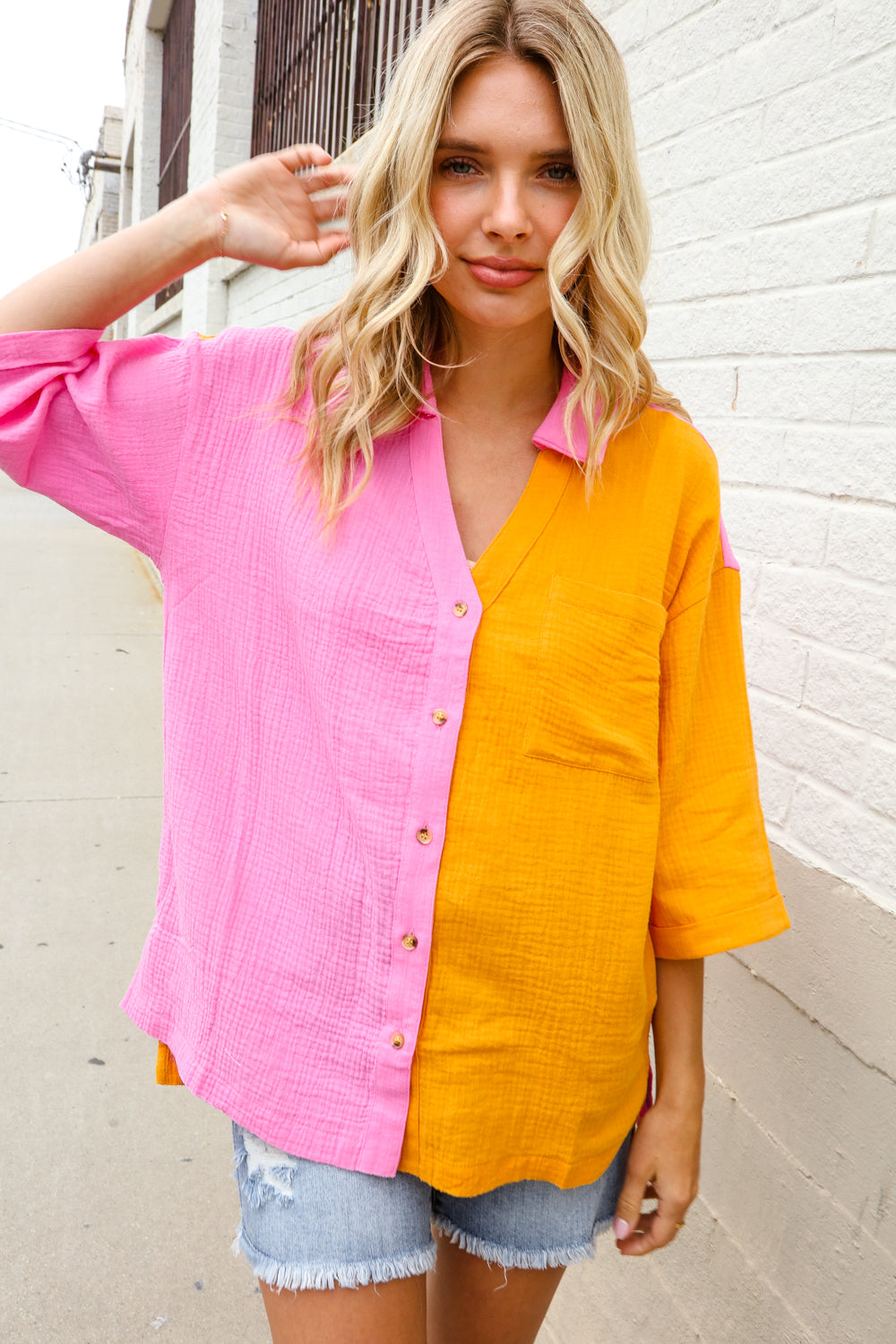 Boldy You Pink & Orange Cotton Color Block Button Down Shirt Top First Love