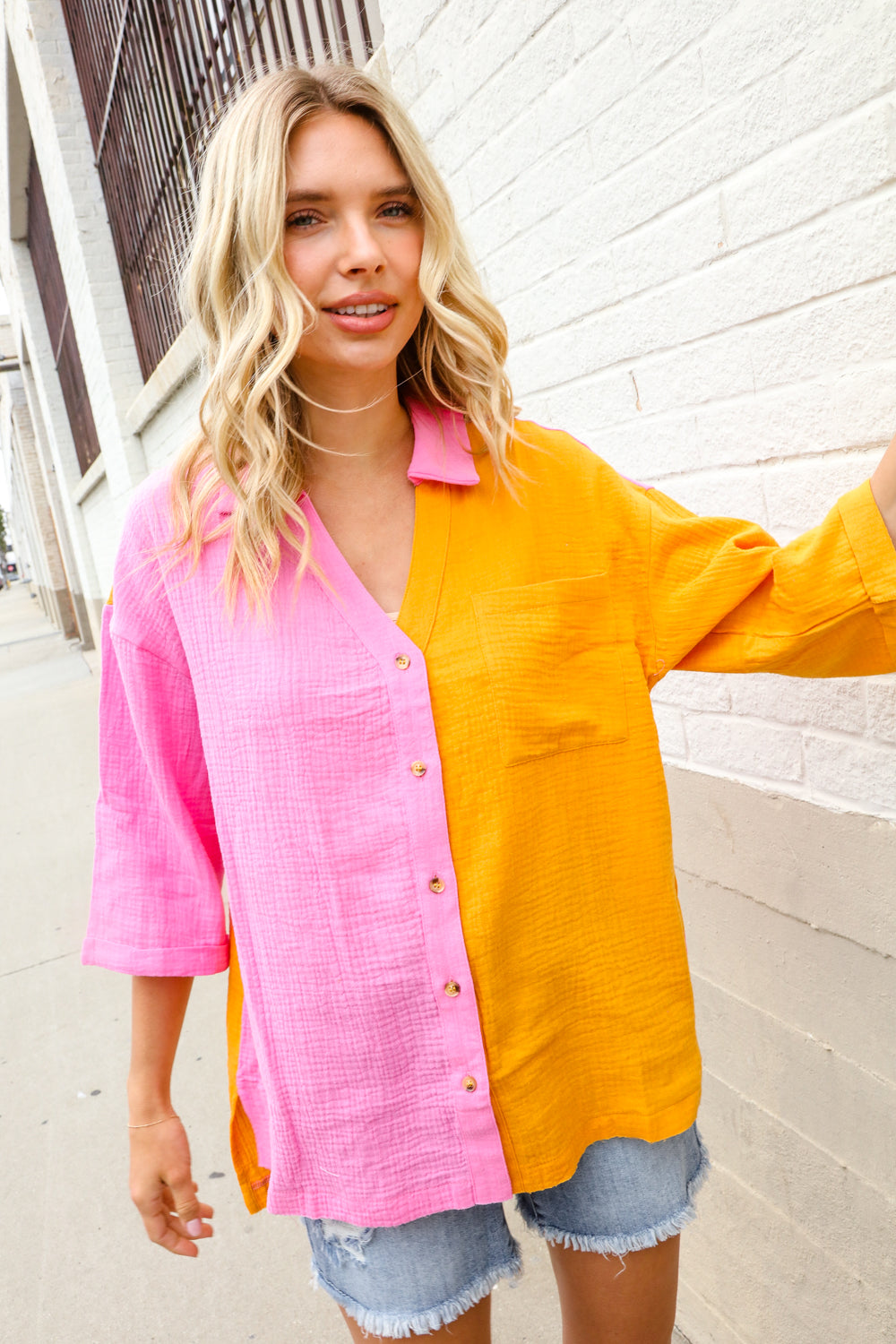 Boldy You Pink & Orange Cotton Color Block Button Down Shirt Top First Love