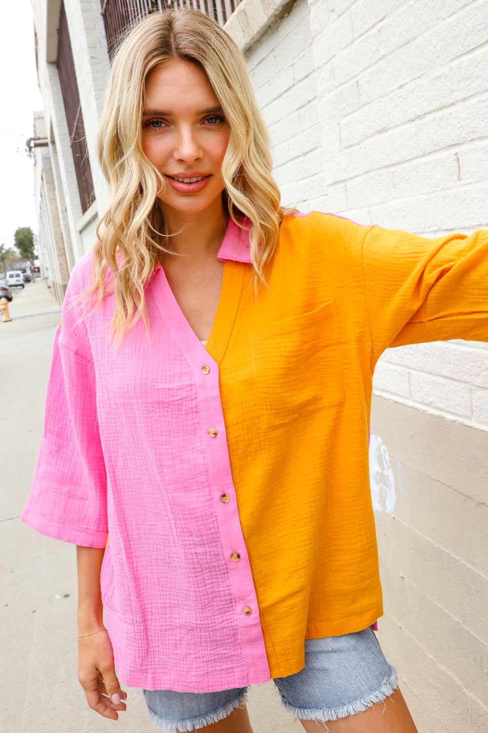 Boldy You Pink & Orange Cotton Color Block Button Down Shirt Top First Love