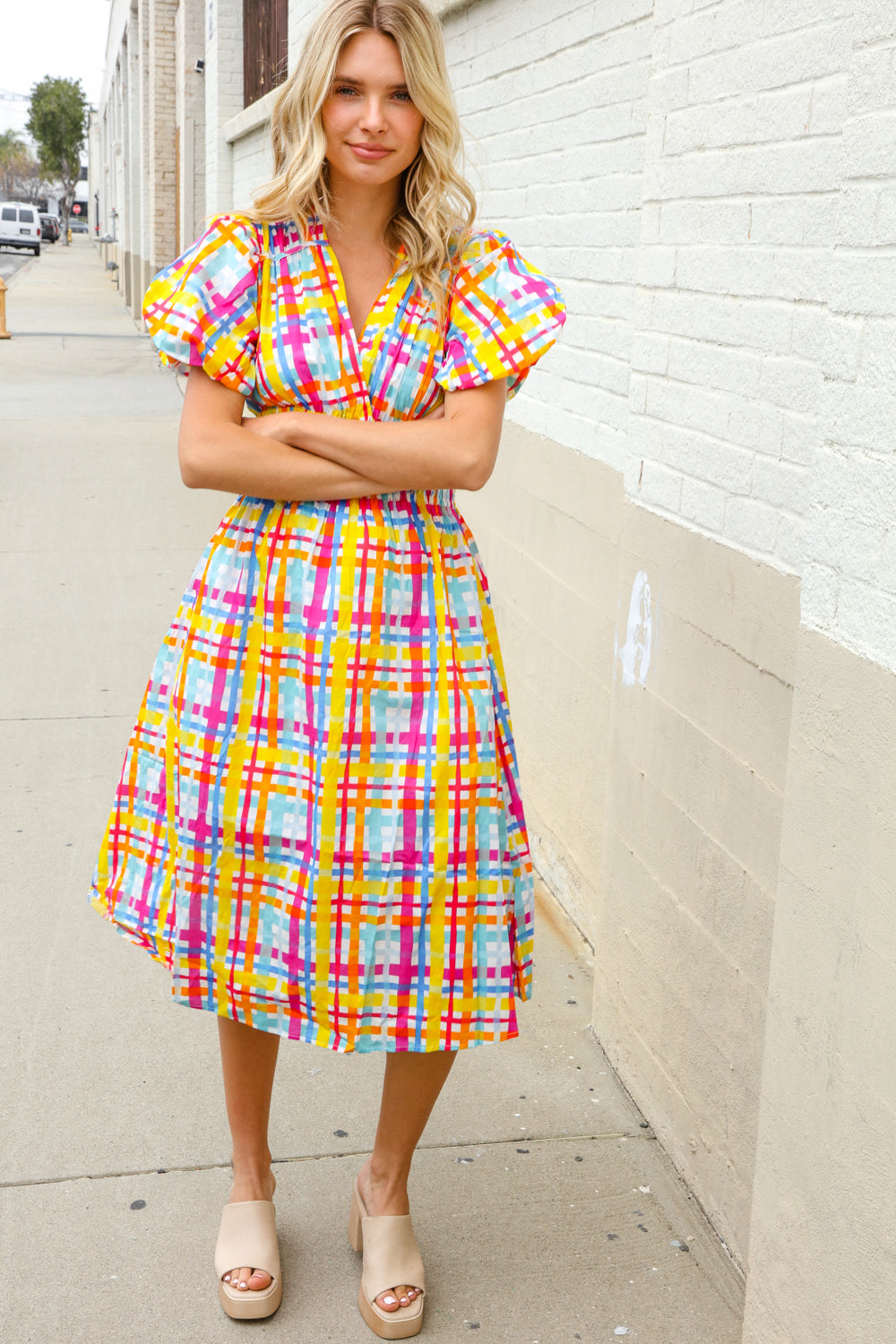 Charming in Multicolor Cotton Plaid Puff Sleeve Sweetheart Neck Dress First Love