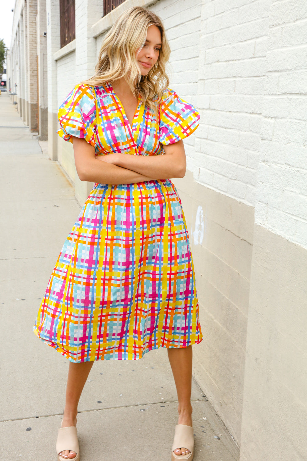 Charming in Multicolor Cotton Plaid Puff Sleeve Sweetheart Neck Dress First Love