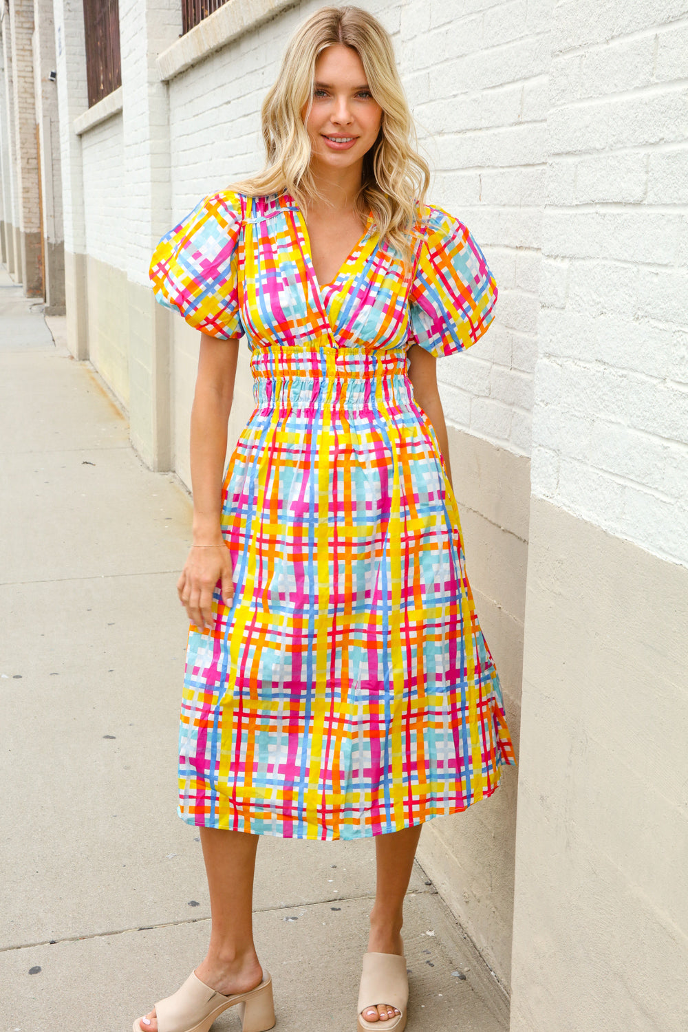 Charming in Multicolor Cotton Plaid Puff Sleeve Sweetheart Neck Dress First Love