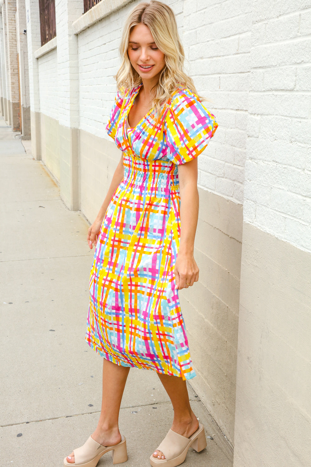 Charming in Multicolor Cotton Plaid Puff Sleeve Sweetheart Neck Dress First Love