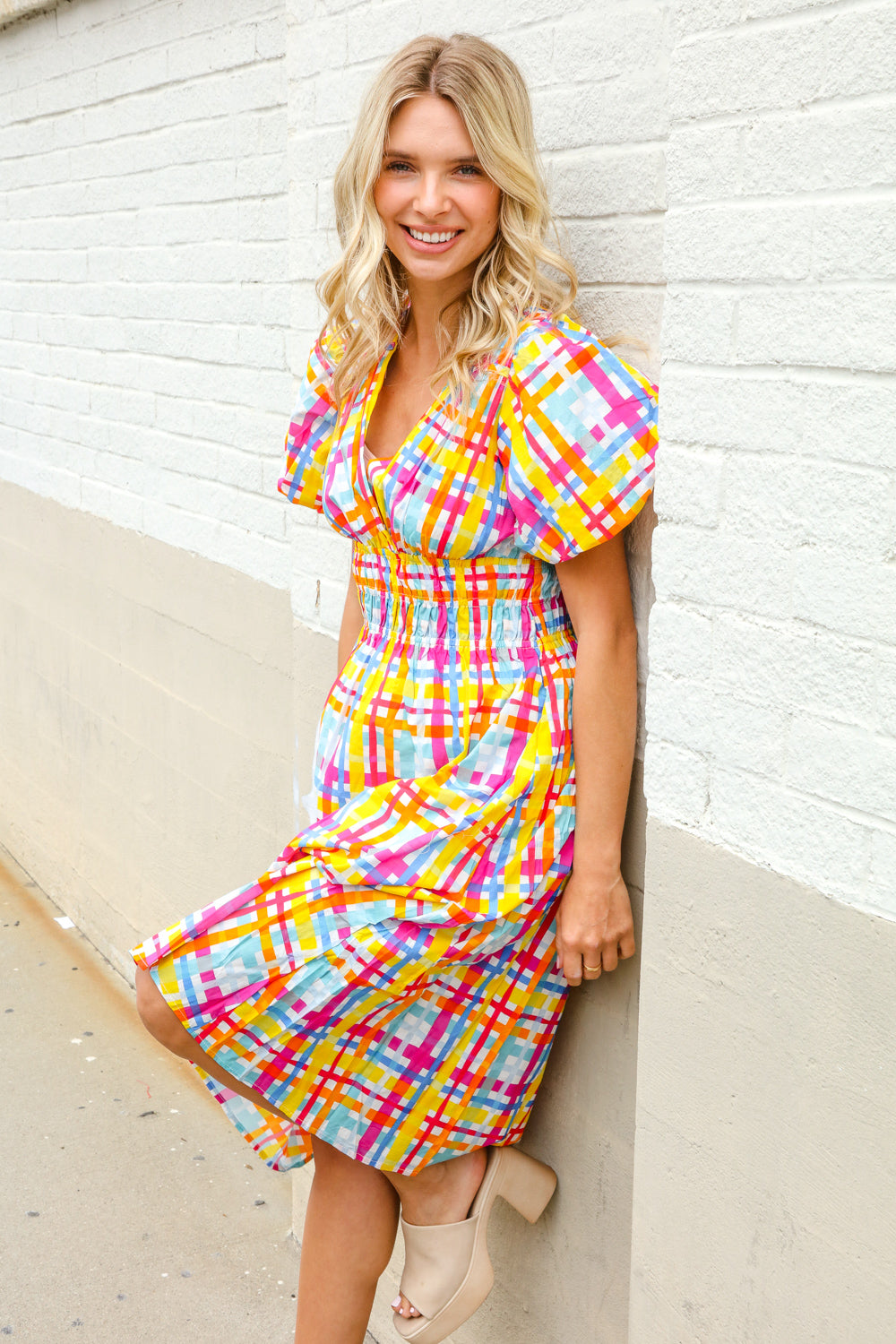 Charming in Multicolor Cotton Plaid Puff Sleeve Sweetheart Neck Dress First Love