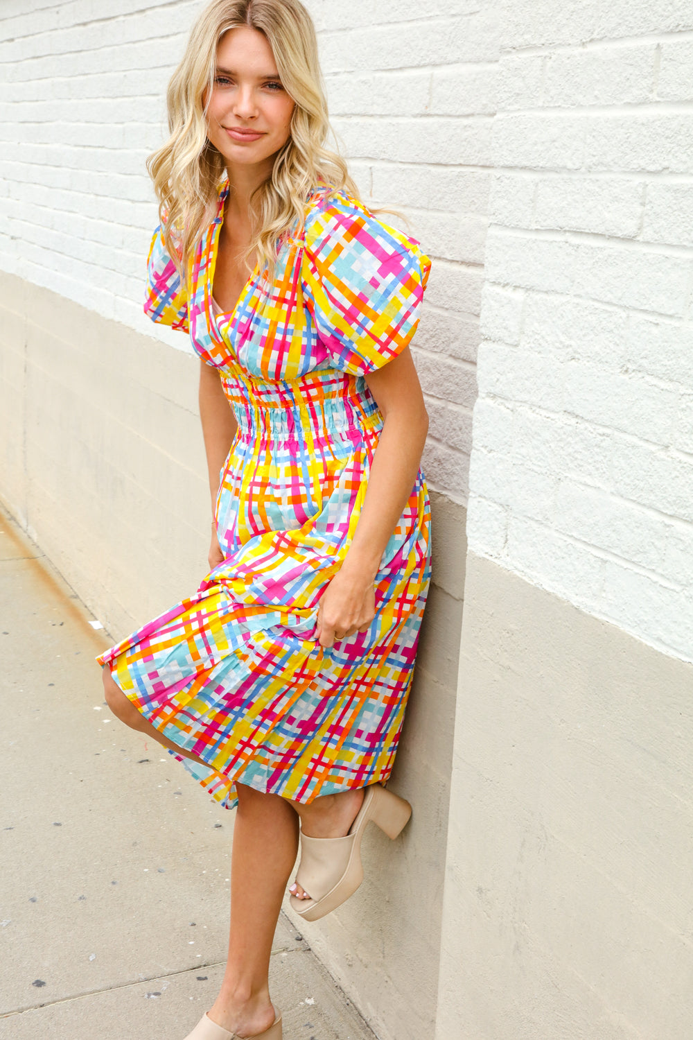 Charming in Multicolor Cotton Plaid Puff Sleeve Sweetheart Neck Dress First Love