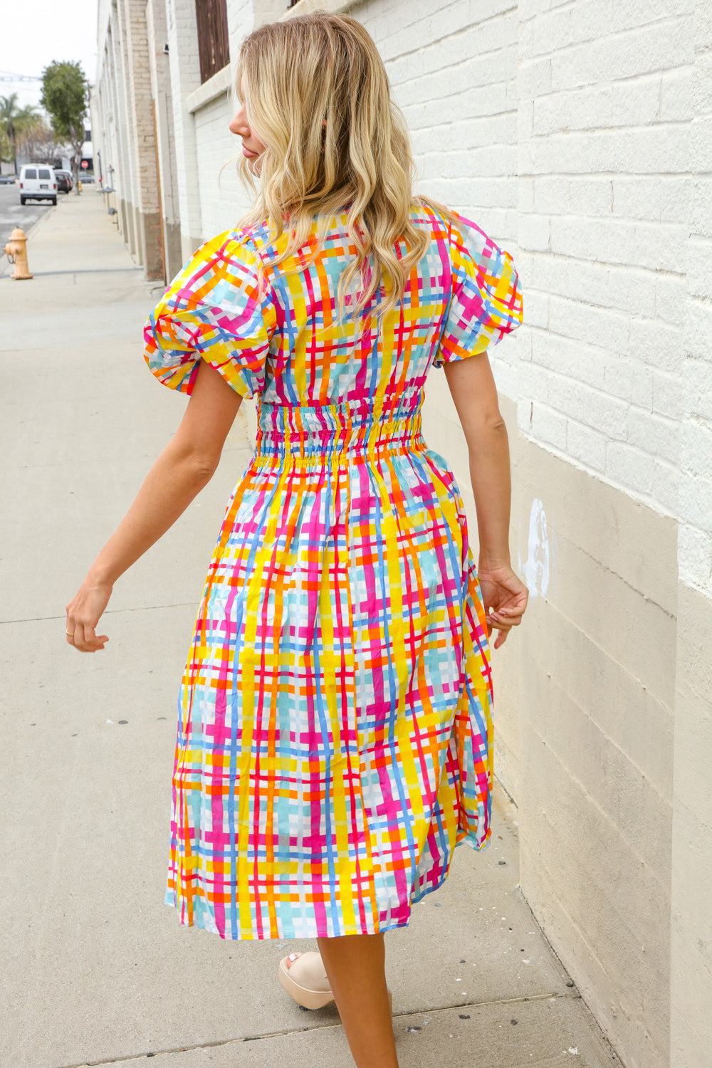 Charming in Multicolor Cotton Plaid Puff Sleeve Sweetheart Neck Dress First Love