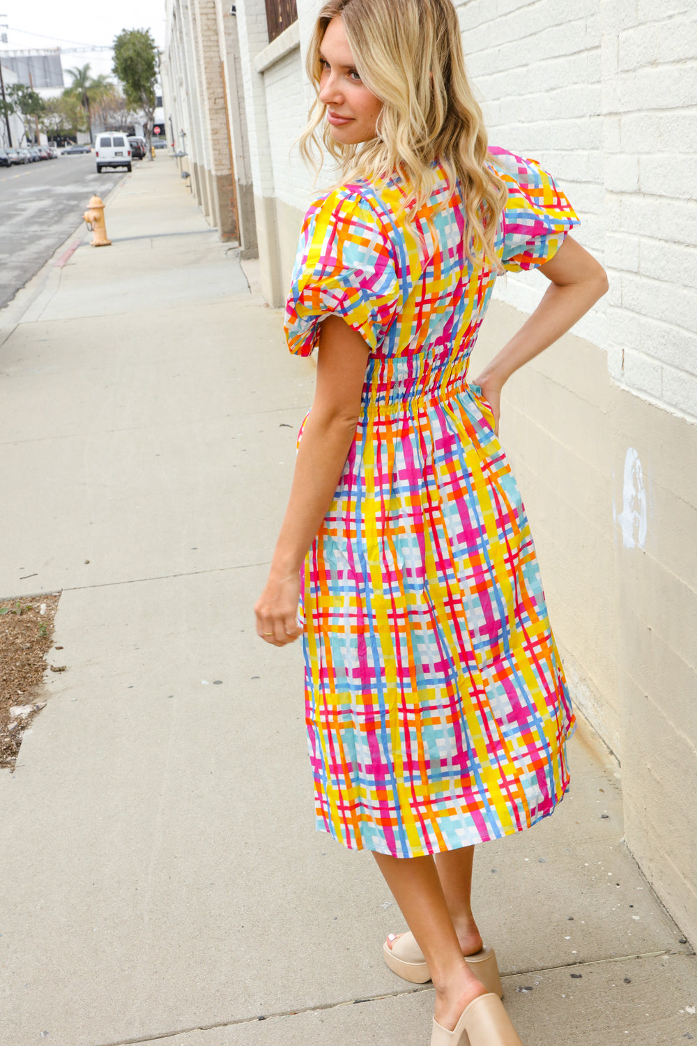 Charming in Multicolor Cotton Plaid Puff Sleeve Sweetheart Neck Dress First Love