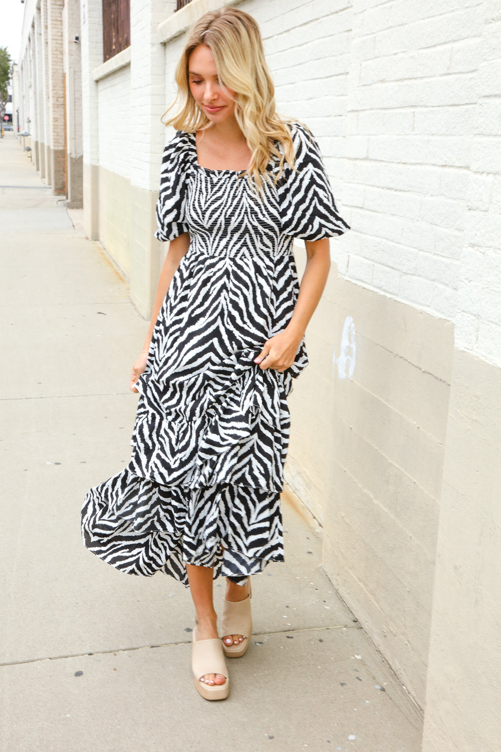 Look My Way Black/White Abstract Print Smocked Neck Maxi Dress First Love