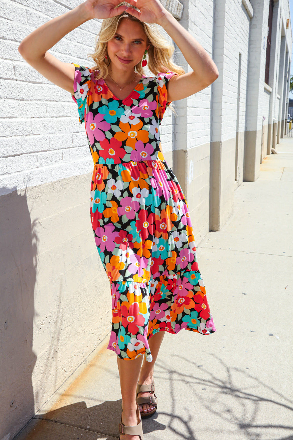 PLUS Feeling Femme Black & Multicolor Floral Print V Neck Midi Dress Haptics