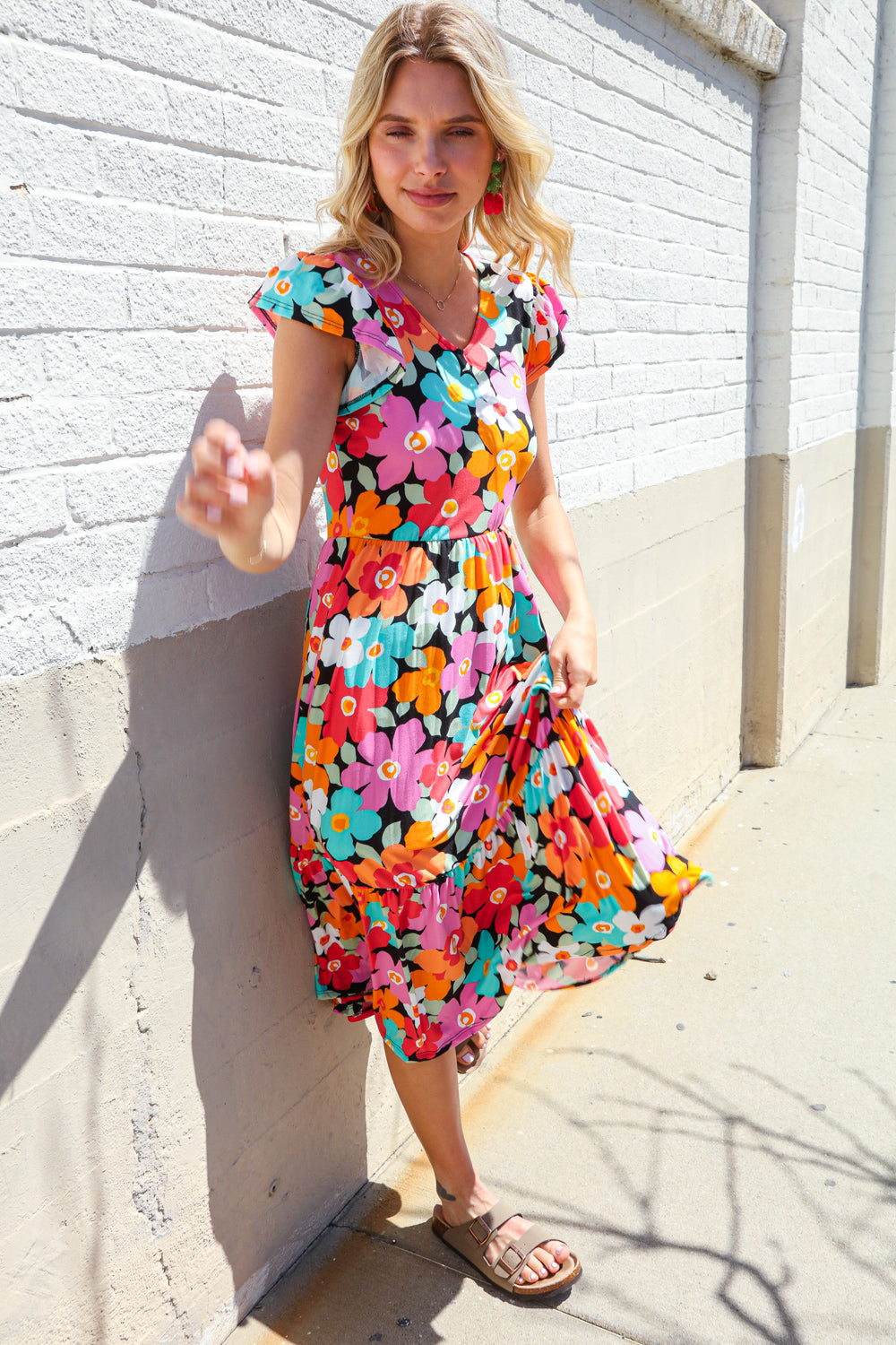 PLUS Feeling Femme Black & Multicolor Floral Print V Neck Midi Dress Haptics