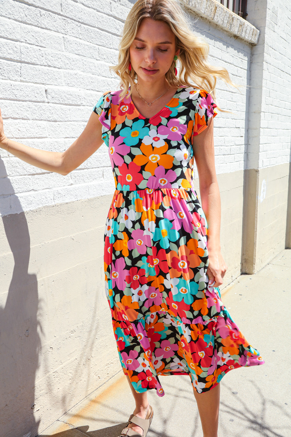 PLUS Feeling Femme Black & Multicolor Floral Print V Neck Midi Dress Haptics