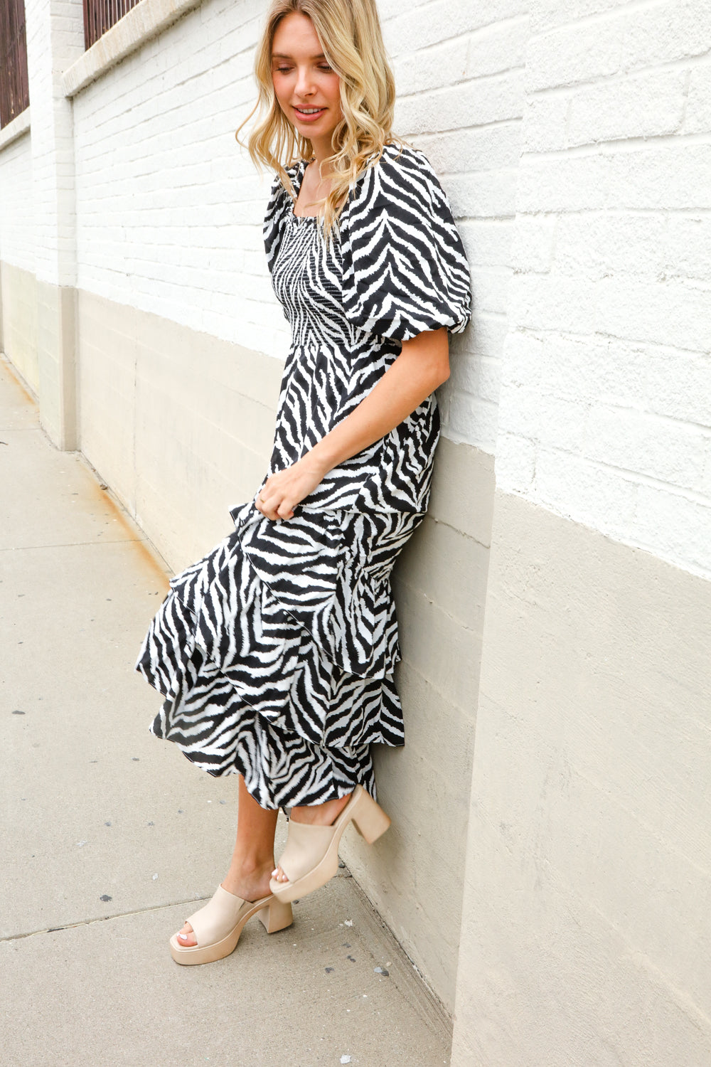 Look My Way Black/White Abstract Print Smocked Neck Maxi Dress First Love