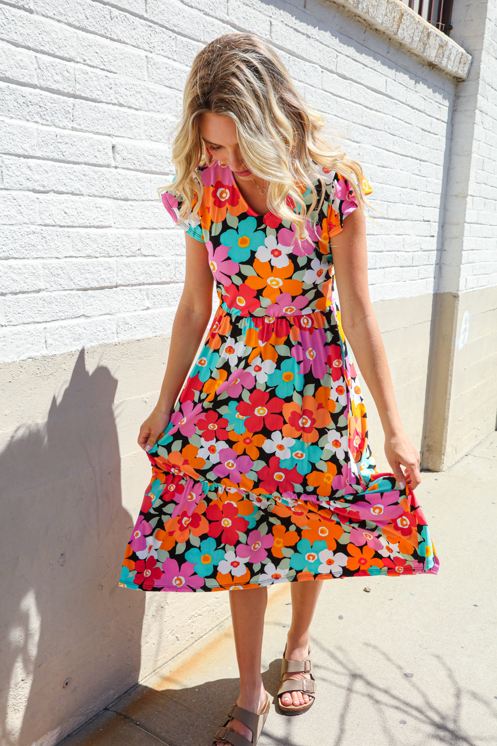 PLUS Feeling Femme Black & Multicolor Floral Print V Neck Midi Dress Haptics