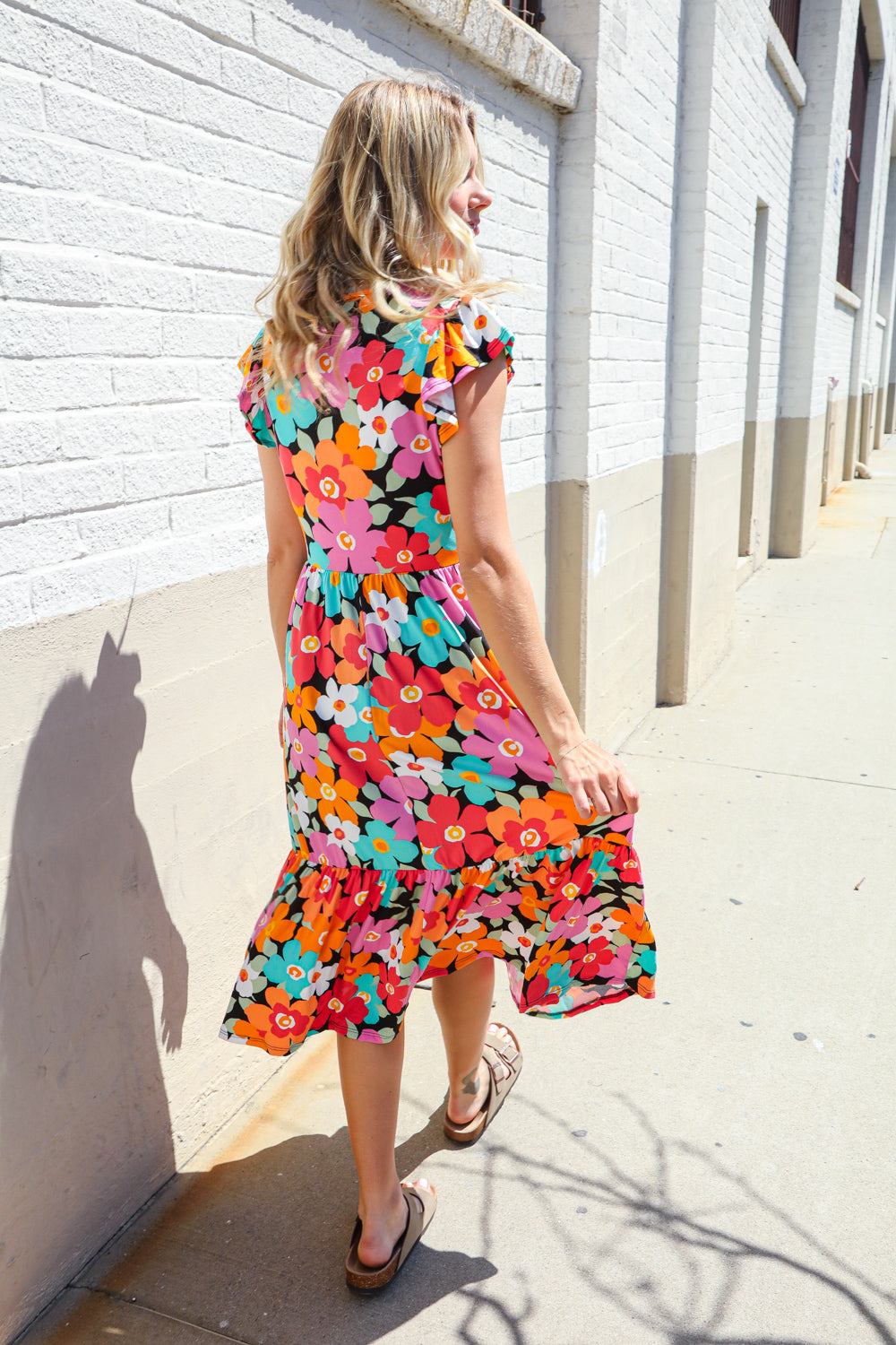 PLUS Feeling Femme Black & Multicolor Floral Print V Neck Midi Dress Haptics